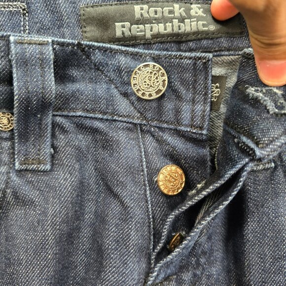 Rock & Republic Jeans Mens 33x34 Blue Denim Straight Leg Dark Wash Button Fly - Picture 7 of 14